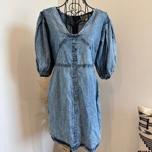 Wishing Waves Blue Acid Wash Cotton Puff Sleeve Mini Dress Small-Boho, Western